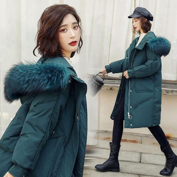 

2020 new down jacket women's middle and long fashionable korean loose thick coat winter warm white duck down coat1, Black