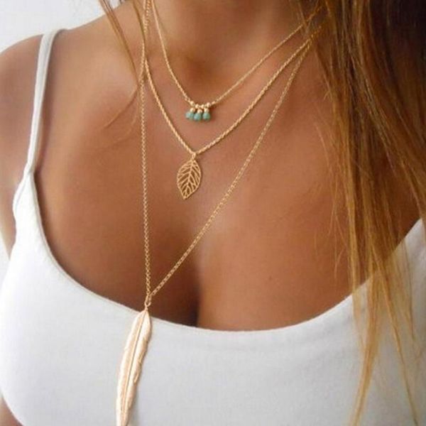 

1pc 45cm new fashion feather necklace leaf layer 3 necklace multilayer women, Silver