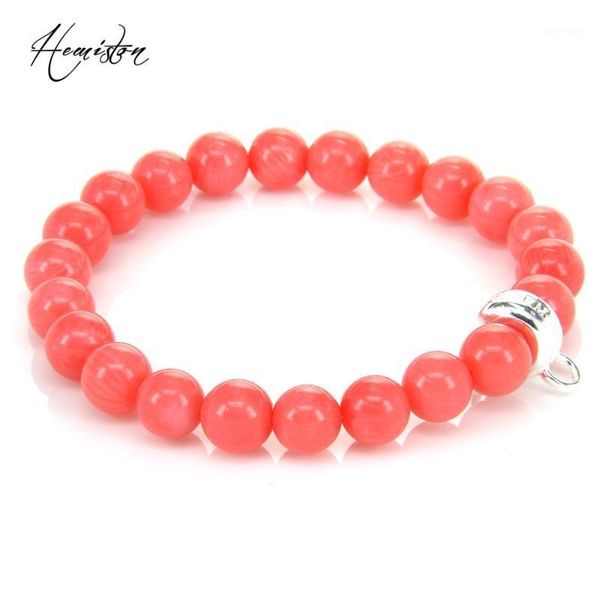 

charm bracelets tms style nature stone pink coral bead elastic bracelet, european glam fine jewelry for women b4111, Golden;silver