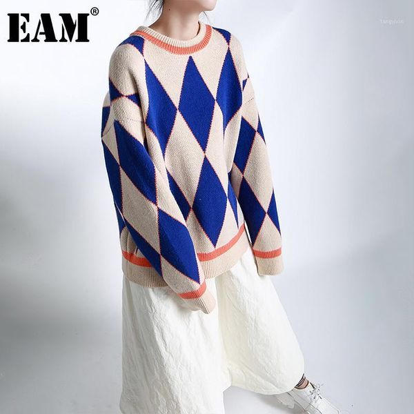 

eam] argyle warm knitting sweater loose fit round neck long sleeve women pullovers new fashion tide autumn winter 2021 1dd28681, White;black