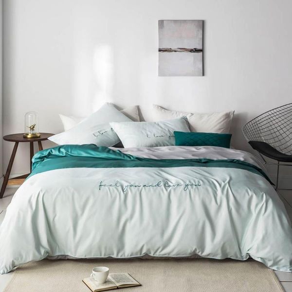 

2020 nordic light green dark ins embroidery bedlinens artificial silk satin duvet cover set  king bedsheet bedding set