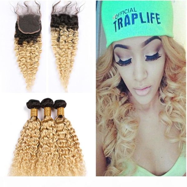 

#1b 613 blonde ombre peruvian wet and wavy human hair bundles with lace closure 4x4 ombre water wave virgin hair closure with weaves, Black;brown