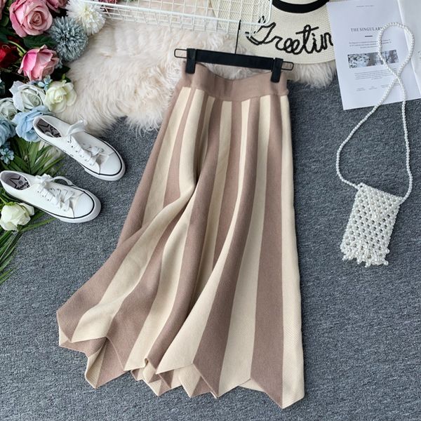 

women's knit skirt striped color blocked autumn high waist elastic a-line big swing skirts japan harajuku female falda ls147 q1209, Black