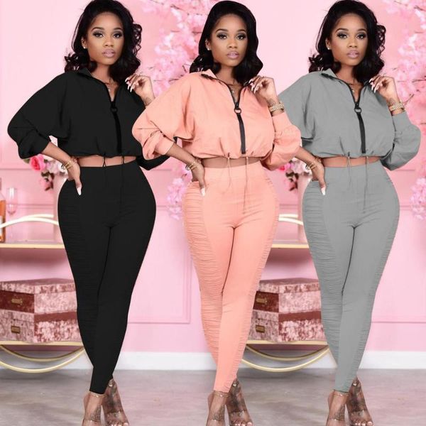 

vavcy 2021 spring pant women set front zip up drawsting sweatshirt + wrinkle fabric pant lounge jogger club, Gray