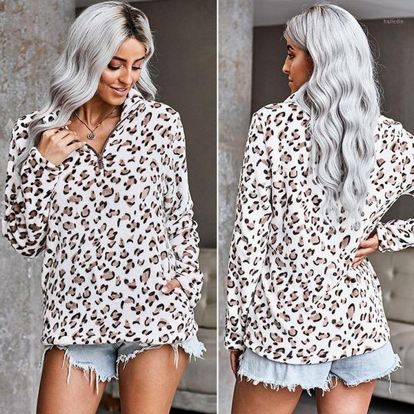 

leopard print women casual hoodies winter long sleeve loose sweatshirts female casual pullovers zip neck1, Black