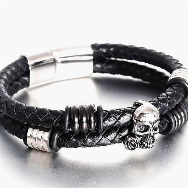 

мода сплетенный двойной кожаный браслет роза череп браслет панк сумка браслет из нержавеющей стали магнитный пряжка мужчины jlldrm bde_jewel, Bronze;silver