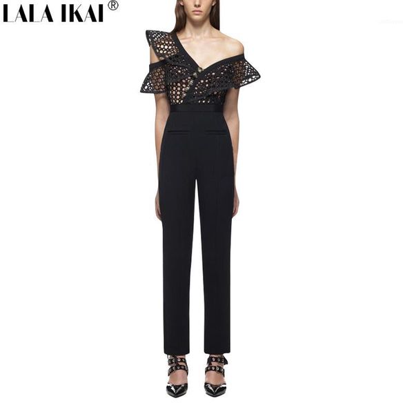 

2020 new ruffle sleeve spring jumpsuit woman solid black lace crochet hollow out tunic bodysuit women england style kwh0231-451, Black;white