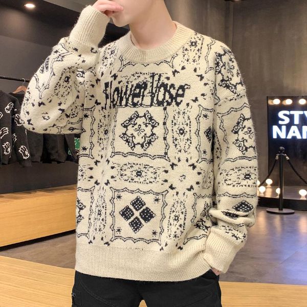 

sweater men streetwear retro flame pattern hip hop autumn new pull over spandex o-neck oversize couple casual men's sweaters, White;black