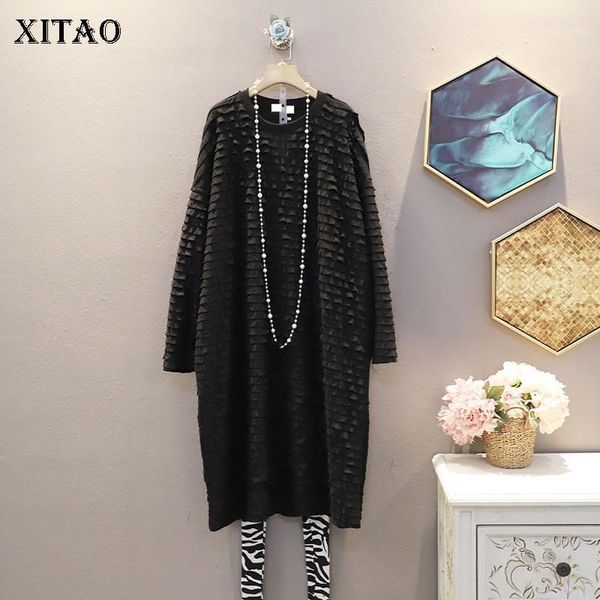 

xitao wrinkle solid dress women 2020 autumn casual fashion new style temperament all match o neck full sleeve loose dress xj53371, Black;gray