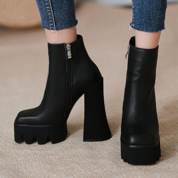 

boots big size 43 high heels genuine leather fashion platform winter party shoes women cow suede ankle, Black
