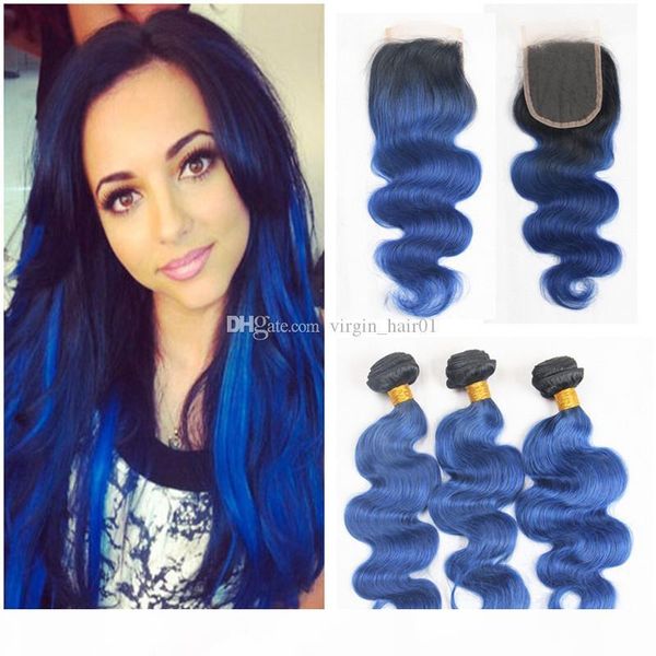 

body wave blue hair ombre lace closure with bundles two tone 1b blue ombre hair with lace closure peruvian virgin hair extension, Black;brown