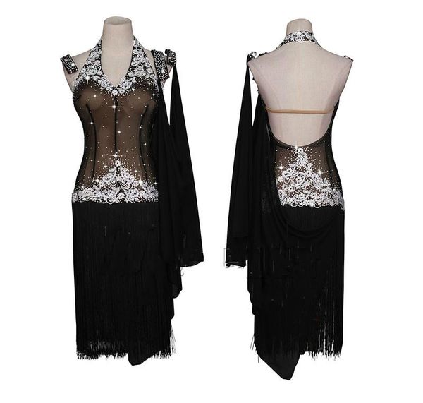 

stage wear shining rhinestone latin dance dress women white embroidery lace club party dancer singer entertainer fringe tassel black, Black;red
