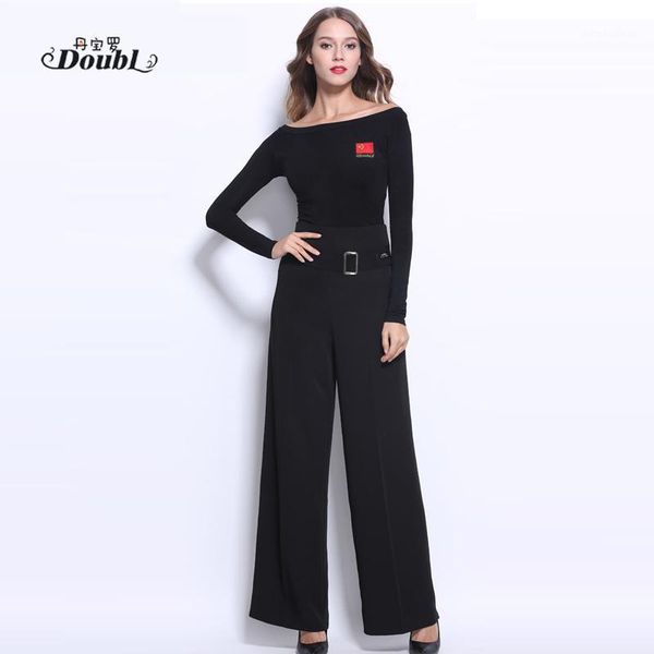 

female latin dance performance trousers professional ballroom wide leg dance pants high waist practice straight pants h7161, Black;red