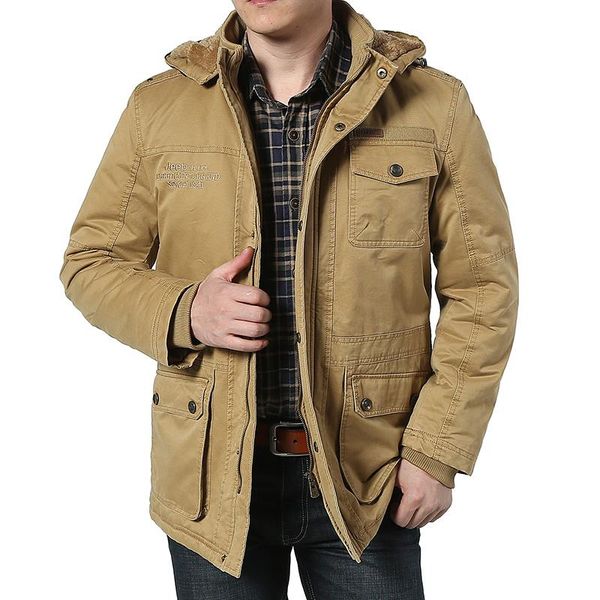 

men's down & parkas long hooded cotton jacket winter and autumn overcoat windbreaker multi-pocket clothing standing collar middle-aged, Black