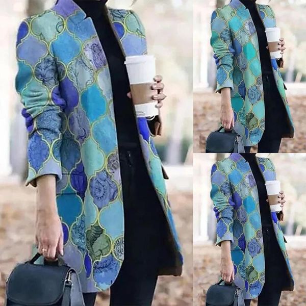 

2021 fashion women turn down collar printing long sleeve warm long coat elegant office lady open stitch coat 1204, Black;brown