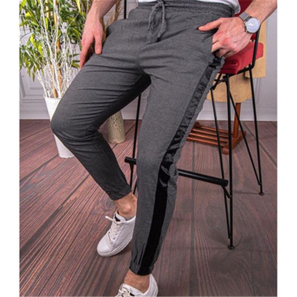 

mens side stripes skinny pants fashion trend elasticity hip hop drawstring pants spring male new solid color skateboard casual slim trousers, Black
