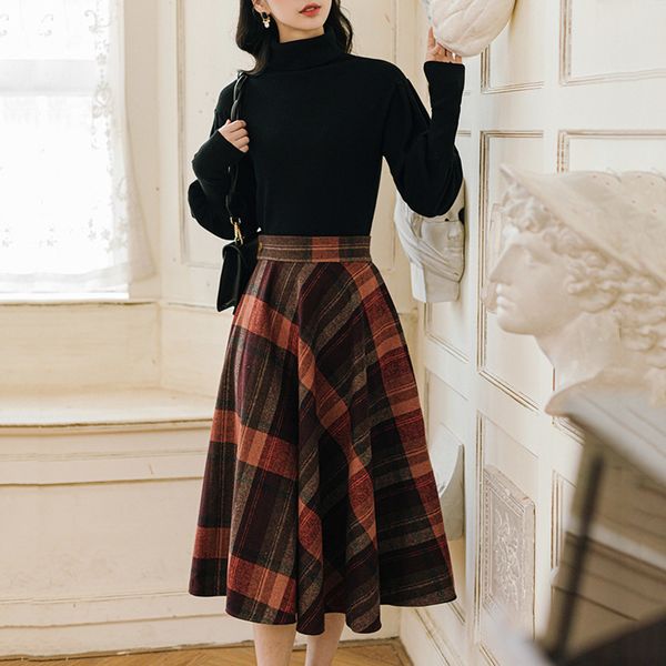 

2021 retro french autumn fashion wool temperament cloth keep warm chess high waist swing half skirt tn1r, Black