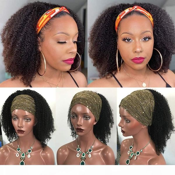

kinky curly bundles with headband half wig,wigs with headband attached,cuticle aligned human hair headband wigs for black women, Black;brown