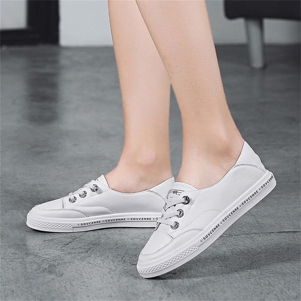 

fashion women's vulcanize classic genuine leather lace up outdoor women casual white shoes sneakers 201128, Black