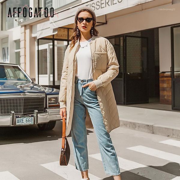 

women's down & parkas affogato long straight winter coat with rhombus pattern casual office ladies overcoat women khaki sleeves zipper, Black