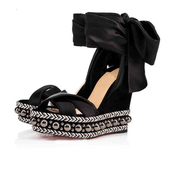 

red famous ladies bottom wedges shoes women levantine sandals brands high heels ankle strap designer luxury studs evening dress, Black