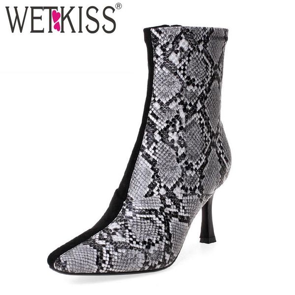 

boots wetkiss snake skin women ankle square toe shoes female party high heels ladies winter 2021 plus size 43, Black