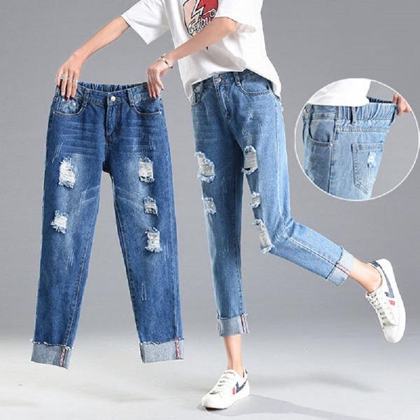 

women's jeans denim fabric destroy wash women ripped hole high waist pants ankle-length trousers students, Blue