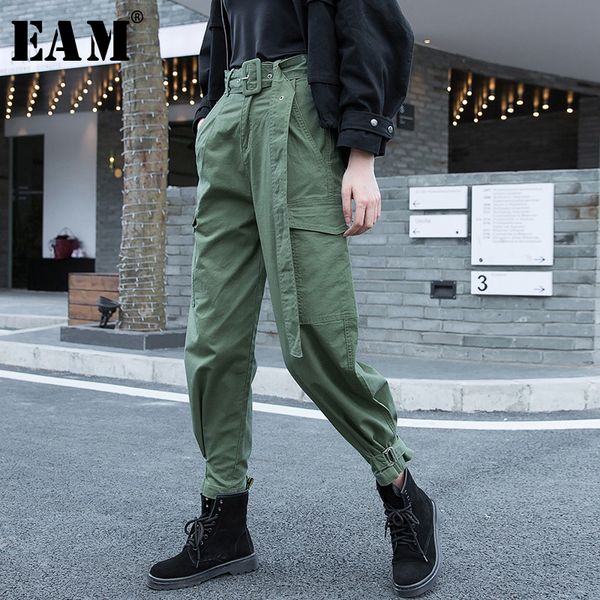 

[eam] high waist big pocket long army green harem trousers new loose fit pants women fashion tide spring autumn 1m951 201109, Black;white