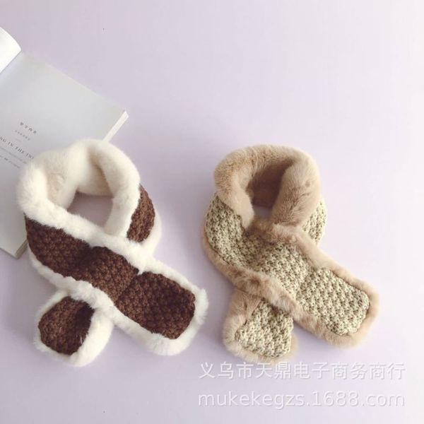 

cross korean personalized knitted plush stitching scarf children's autumn and winter soft baby color matching collar, Red;brown