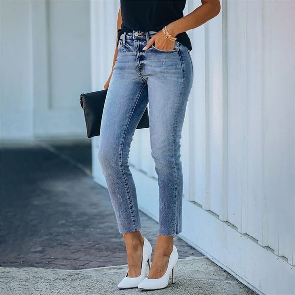 

new elastic slit middle waist jeans women's super hot, Blue
