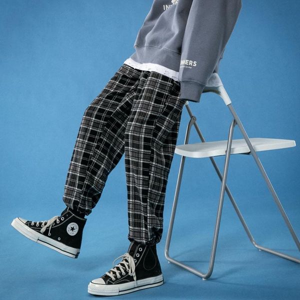 

men's pants autumn winter joggers plaid men and women elastic waist harem trousers fashion causal street sweatpants male female, Black