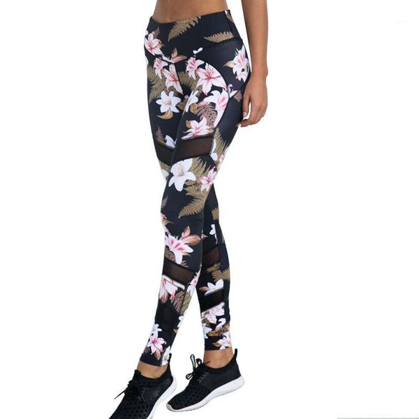 

floral printing mesh fitness leggings women fashion stacked push up leggins casual mid waist gym workout running clothing1, Black