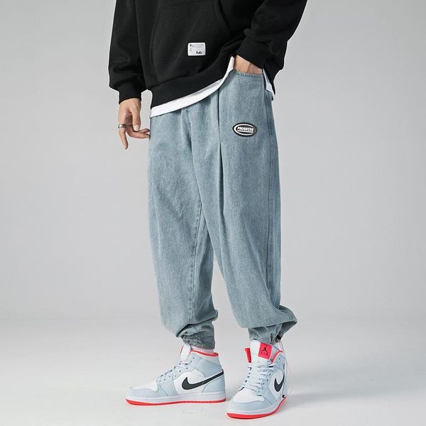 

men's jeans plus size casual baggy men loose hip hop joggers streetwear sport harem pants ankle-length denim trousers, Blue