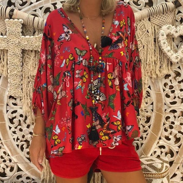 

women's blouses & shirts summer butterfly print women blouse plus size chiffon half sleeve beach shirt v-neck hem baggy blusas feminina, White