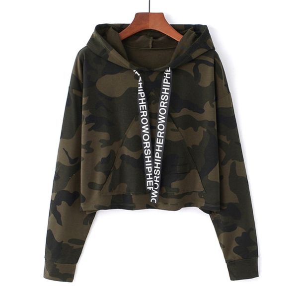 

merry pretty women camouflage printed cropped hoodies sweatshirts long sleeve tracksuit autumn armygreen hooded pullovers y200608, Black