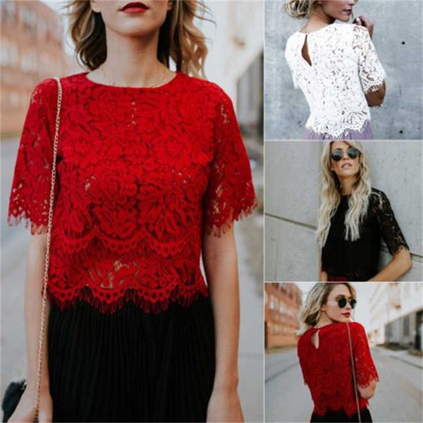 

women fashion summer lace vest tank casual evening party clubwear short sleeve female t-shirts, White