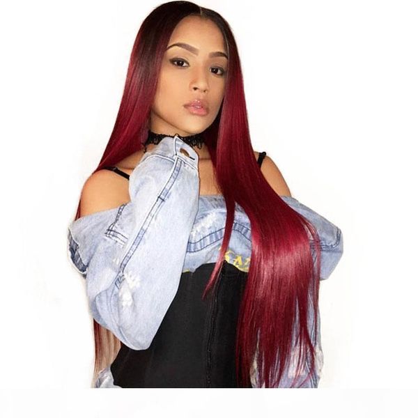 

human hair lace front wigs colored burgundy ombre dark root pre plucked virgin brazilian straight 99j full lace wig for black women, Black;brown