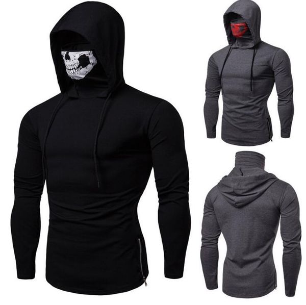 

mask skull design mens hoodies slim hooded sweatshirts solid color blouse sudaderas para jogger gym hoodies hommes, Black