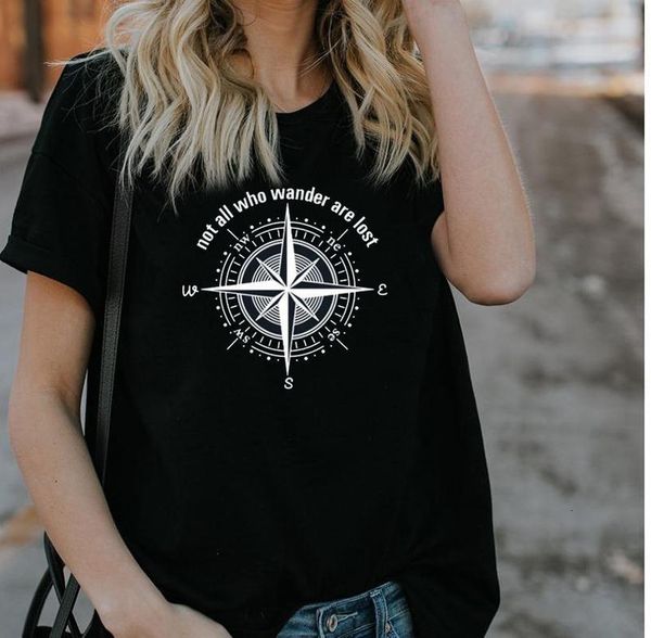 

not all who wander are lost compass print t shirt women short sleeve o neck loose tshirt summer fashion ladies tee shirt, White