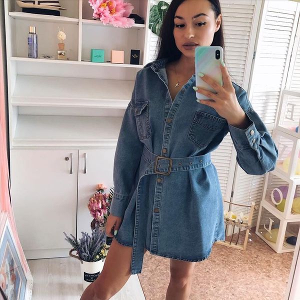 

2020 new small dresses women autumn and winter lapels long sleeves waist slimming strappy long sleeves denim dress women dress, Black;gray