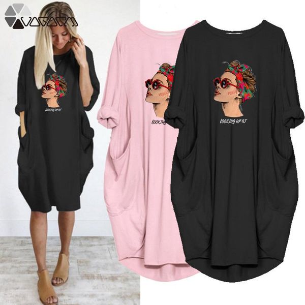 

plus size women midi dresses lady print long sleeve pocket o neck autumn party club loose vintage vestidos streetwear robe femme, Black;gray