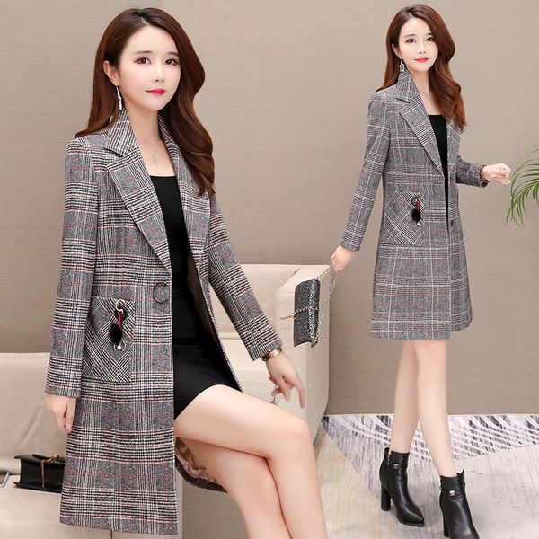 

casual plus size plaid jacket female 2020 spring autumn coat vintage slim long windbreaker women winter long blazes suits x505, Tan;black