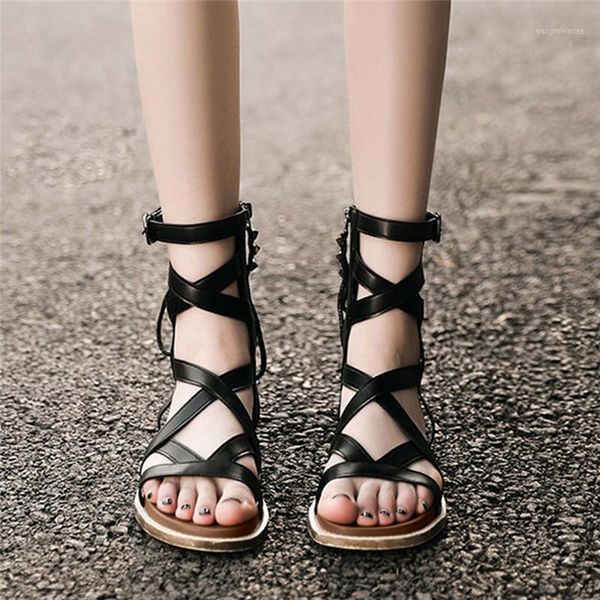 

women roman sandals lace-up ladies shoes pu flat sandals shoes ladies open toe casual zapatos de mujer1, Black