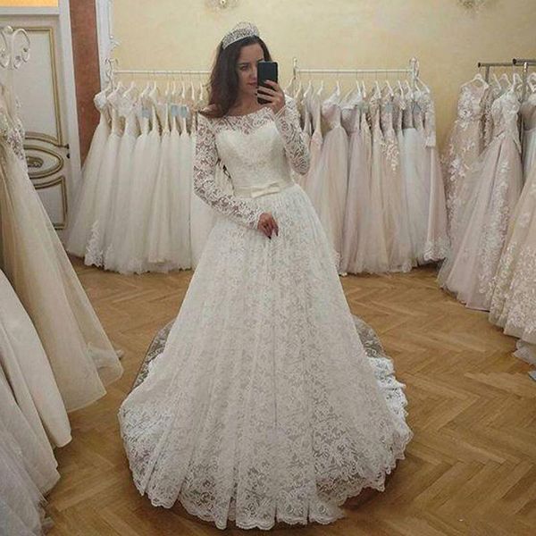 

scoop neck long sleeves lace wedding dresses with sash appliqued sweep train lace up back plus size a line wedding bridal gowns, White