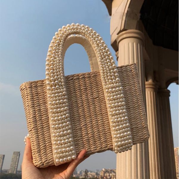 

fashion pearls handle women handbags designer beaded straw bags luxury pearl rattan totes wicker woven large summer beach purse