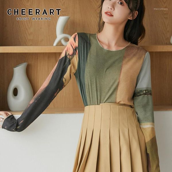 

cheerart autumn oil painting t shirt women 2020 long sleeve color block tshirt green tee shirt femme fashion 1, White