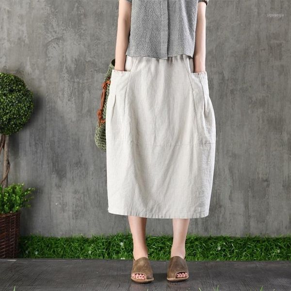 

johnature autumn new cotton linen loose leisure patchwork pockets elastic waist half skirts 2020 women all-match fashion skirt1, Black