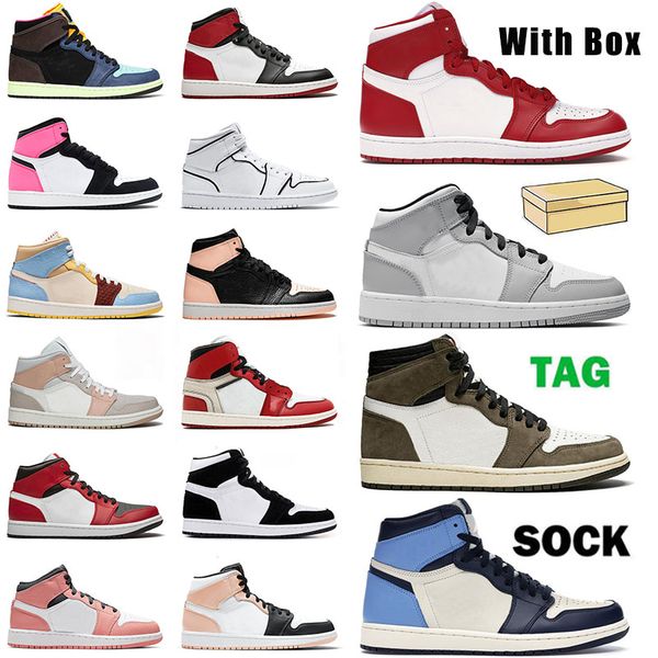 

with box x jumpman 1 men women basketball shoes 1s obsidian high sneakers mid light smoke grey sports sneakers trainers stock