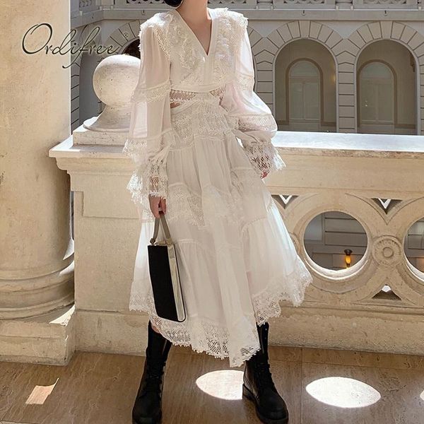 

ordi2020 summer bohemian women white maxi dress long sleeve white lace crochet long beach dress vocation holiday clothes, Black;gray
