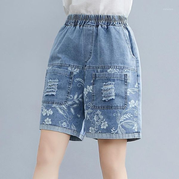 

floral jeans shorts for women all-match loose casual elastic waist pocket streetwear ripped shorts denim pants washed 20201, Blue